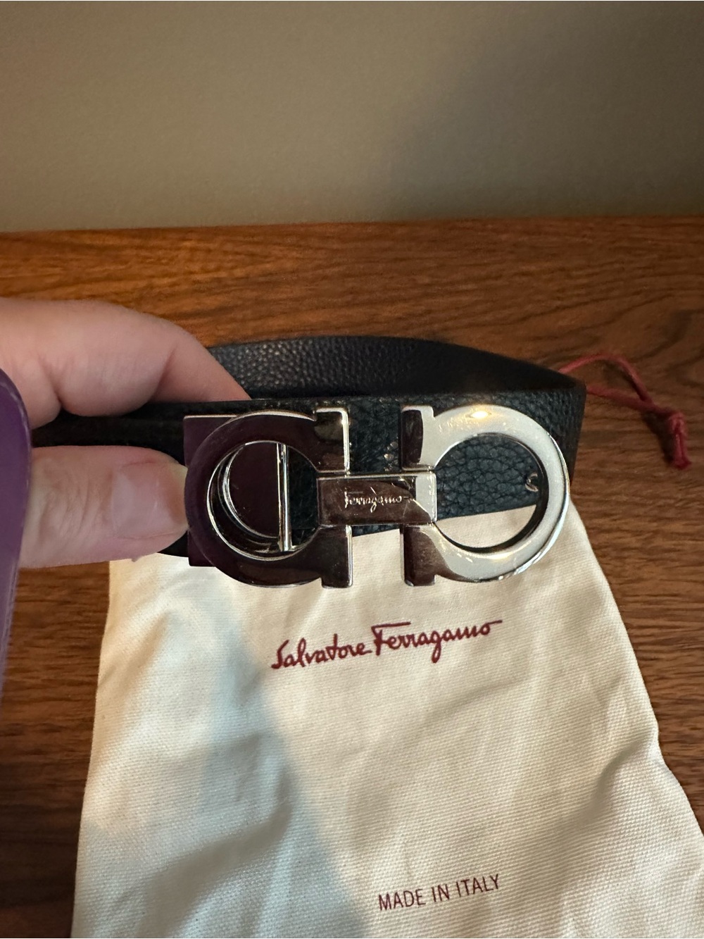 Salvatore Ferragamo Black Navy Leather Belt with Silver Gancini Buckle - Picture 3 of 4